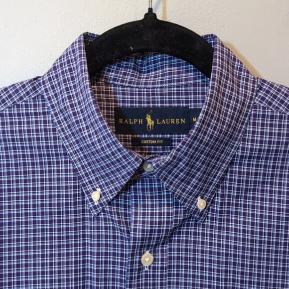 Ralph Lauren Custom Fit Button Down Dress Shirt Plaid Pleated Blue Label - Picture 2 of 9